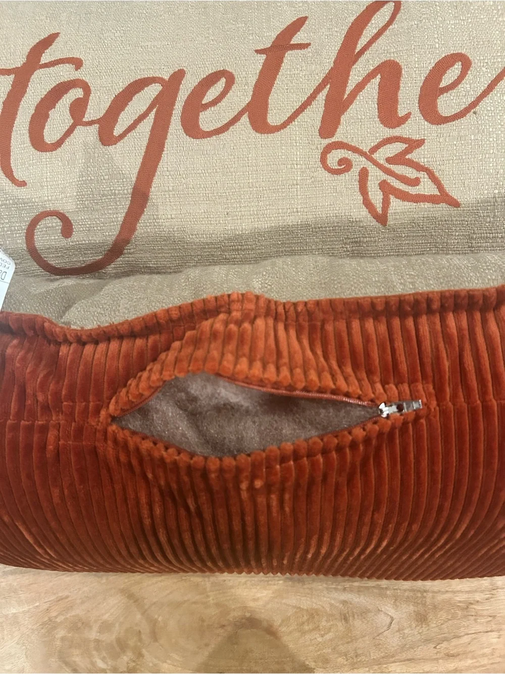 2-Beige/Burnt Orange Embroidered 'Together' Accent Pillows w/ Corduroy Backing